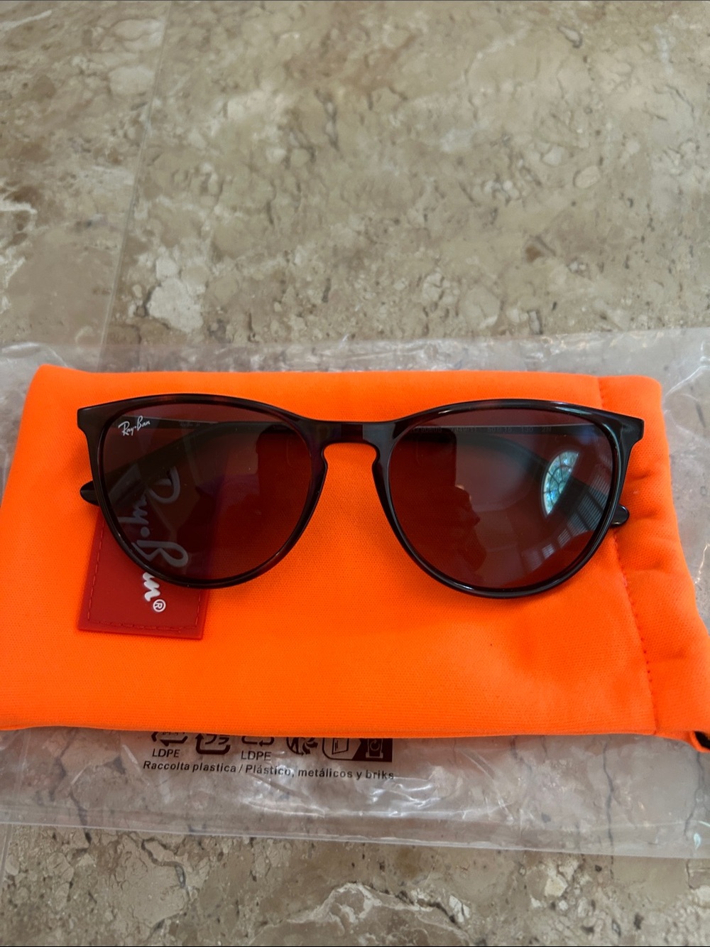 Brand New Junior Ray-Ban Black Frame Sunglasses with Dark Lenses and Orange Case